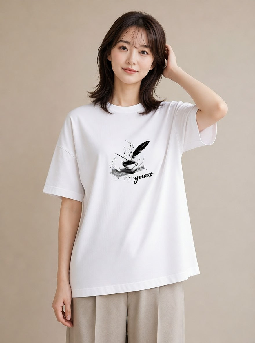 デザインTシャツ レディース 本 読書 ブック イラスト カフェコーデ 休日 ペアコーデ 白T