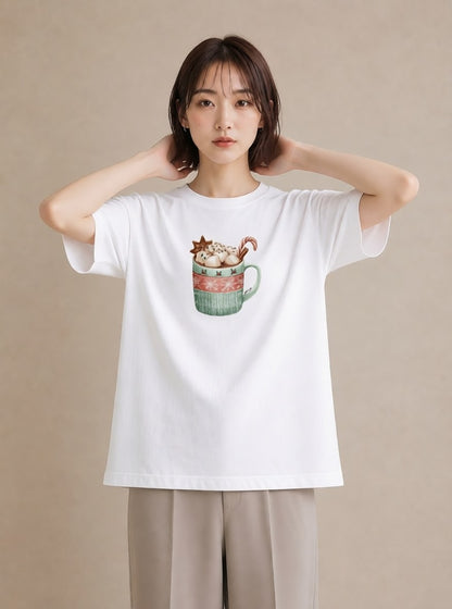 半袖Tシャツ レディース ココア 食べ物 フード イラスト カフェコーデ 送別ギフト 通勤 白T