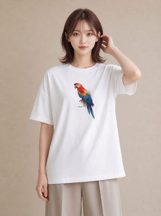 半袖Tシャツ レディース インコ ペット 動物 イラスト アート風 女性向けギフト 散歩 白T