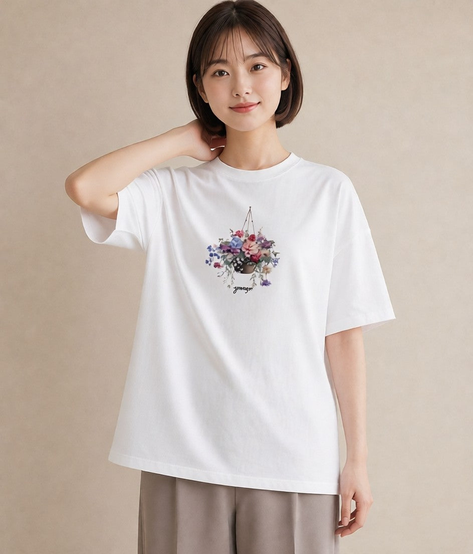 半袖Tシャツ レディース 自転車のかご 自転車 花かご ナチュラル アンティーク イラスト きれいめカジュアル ビーチ デイリーウェア 白T