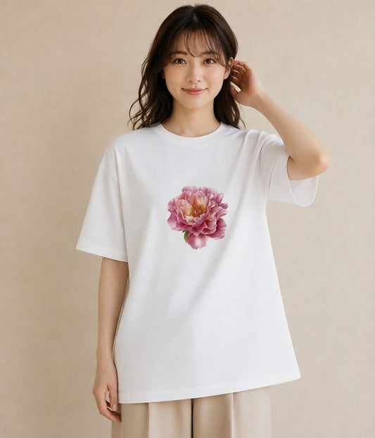 半袖Tシャツ レディース 牡丹 花 花柄 イラスト ゆるコーデ 敬老の日 ホワイトデー 白T