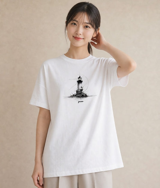 デザインTシャツ レディース 灯台 霧 海 ナチュラル アンティーク イラスト ラフ レイヤード 友達ギフト 白T