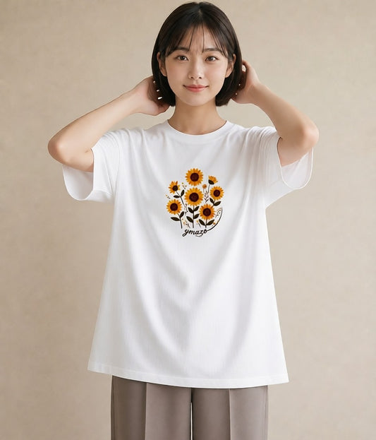 半袖Tシャツ レディース ひまわり 向日葵 花 花柄 イラスト ニュアンス 20代 カジュアルコーデ 白T
