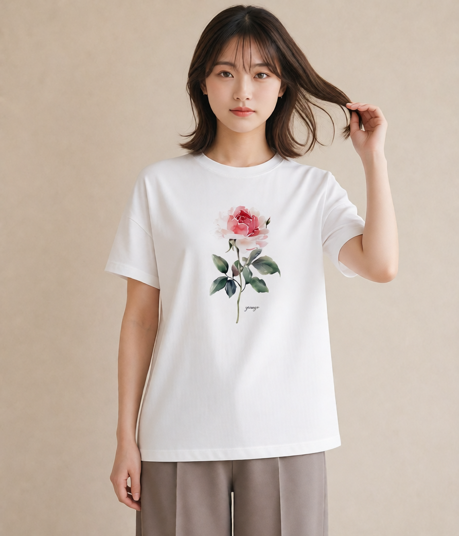 デザインTシャツ レディース バラ 薔薇 ローズ 花 花柄 イラスト ナチュラル 春服 ミセス 白T