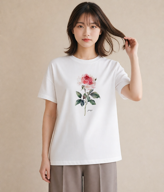 デザインTシャツ レディース バラ 薔薇 ローズ 花 花柄 イラスト ナチュラル 春服 ミセス 白T