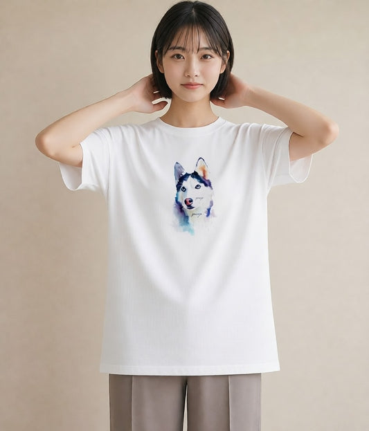 Tシャツ レディース シベリアンハスキー 犬 いぬ イラスト ラフカジュアル デイリーウェア 休日 白T