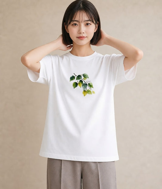 グラフィックTシャツ レディース 新緑 植物 ボタニカル イラスト 抜け感 ミセス 春コーデ 白T