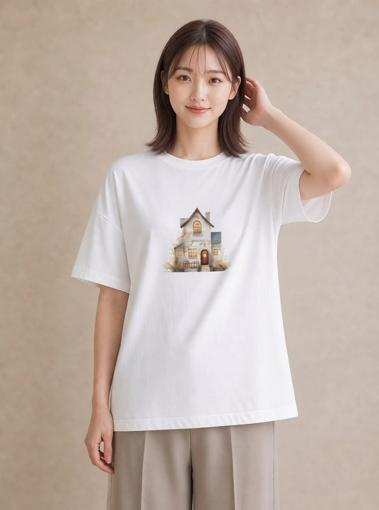 プリントTシャツ レディース 湖畔の小屋 湖 小屋 ナチュラル アンティーク イラスト 水彩風 ルームウェア ギフト 白T