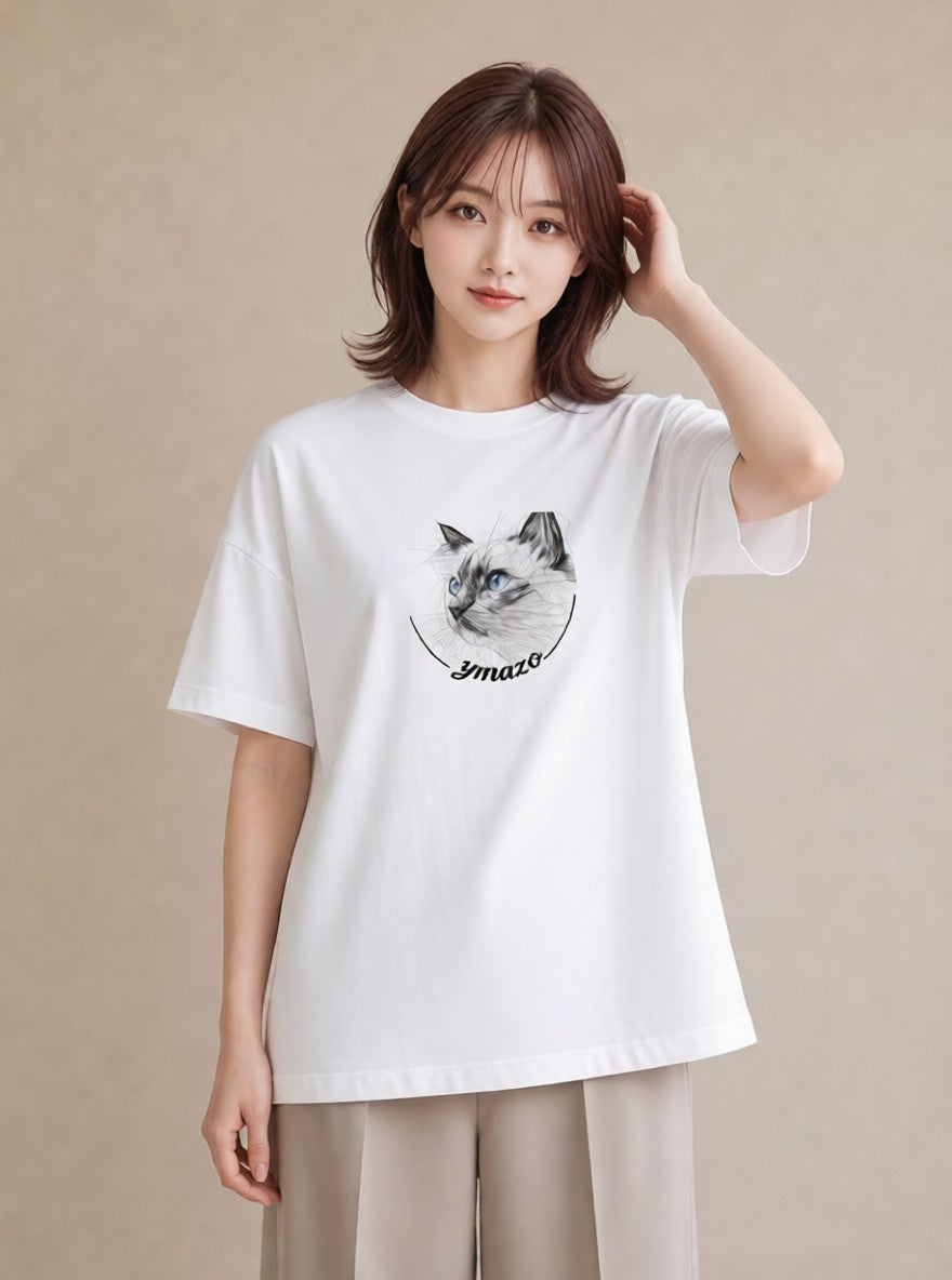 半袖Tシャツ レディース シャム柄 猫 ねこ イラスト 韓国風 通学 誕生日プレゼント 白T