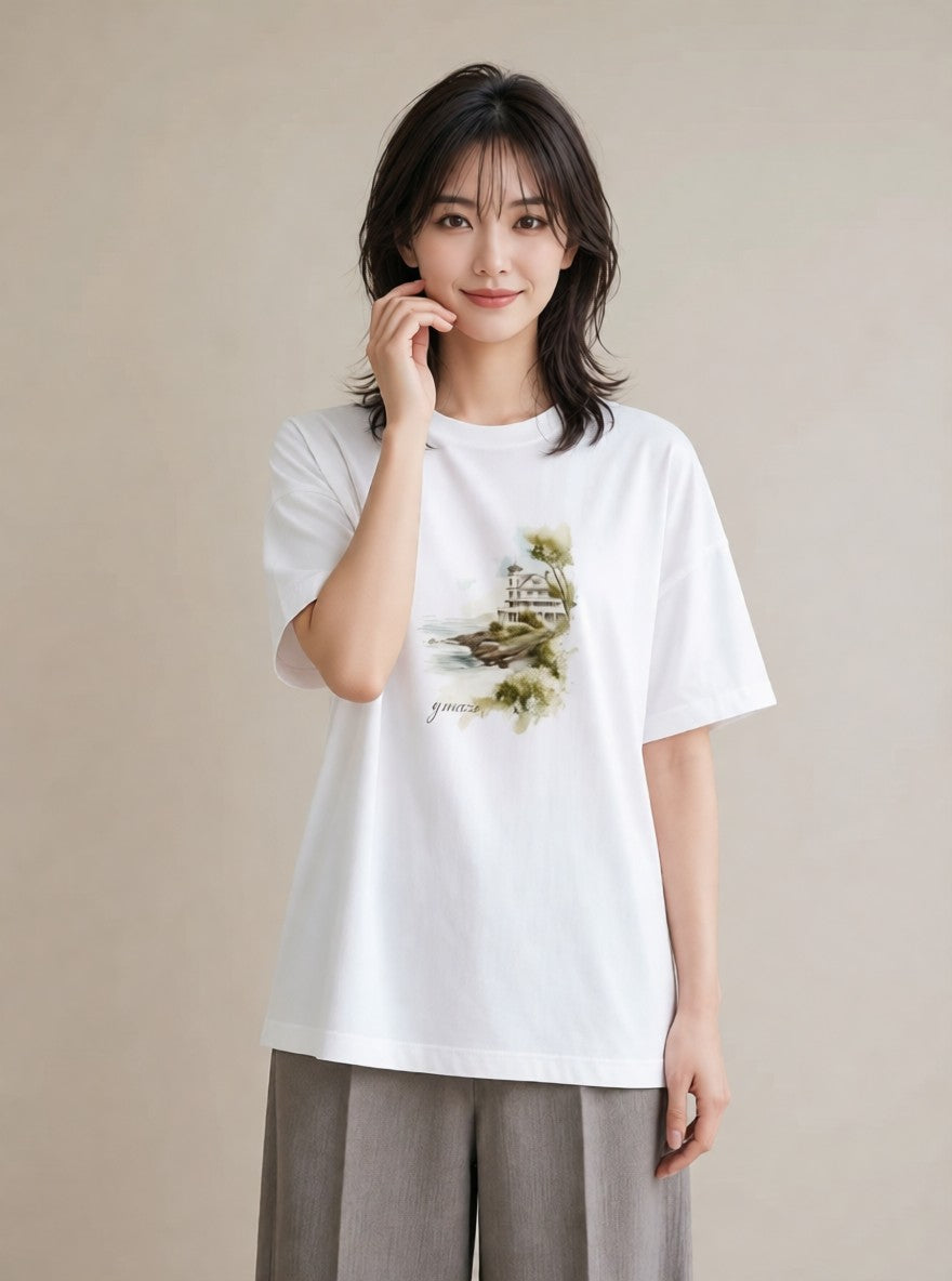 半袖Tシャツ レディース 灯台 霧 海 ナチュラル アンティーク イラスト 抜け感 春服 ミセス 白T