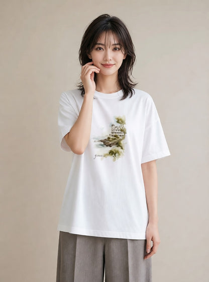 半袖Tシャツ レディース 灯台 霧 海 ナチュラル アンティーク イラスト 抜け感 春服 ミセス 白T