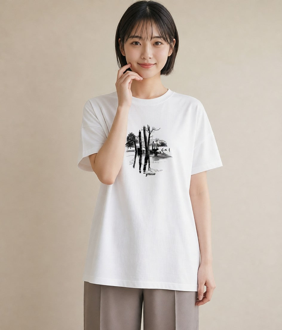 半袖Tシャツ レディース 桟橋 水辺 波止場 ナチュラル アンティーク イラスト 旅行コーデ カフェ巡り 女子会 白T
