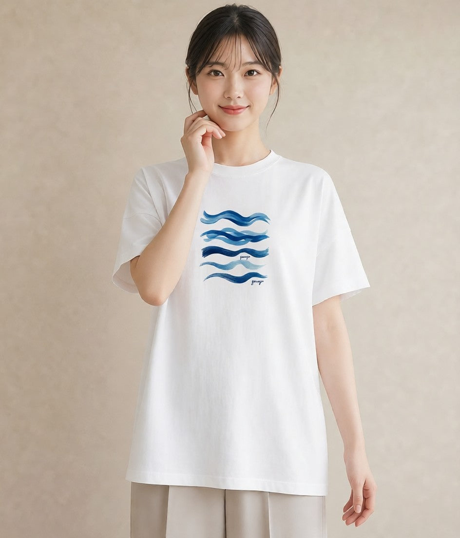 プリントTシャツ レディース 波 星空 宇宙 イラスト 水彩風 カジュアルコーデ 買い物 白T