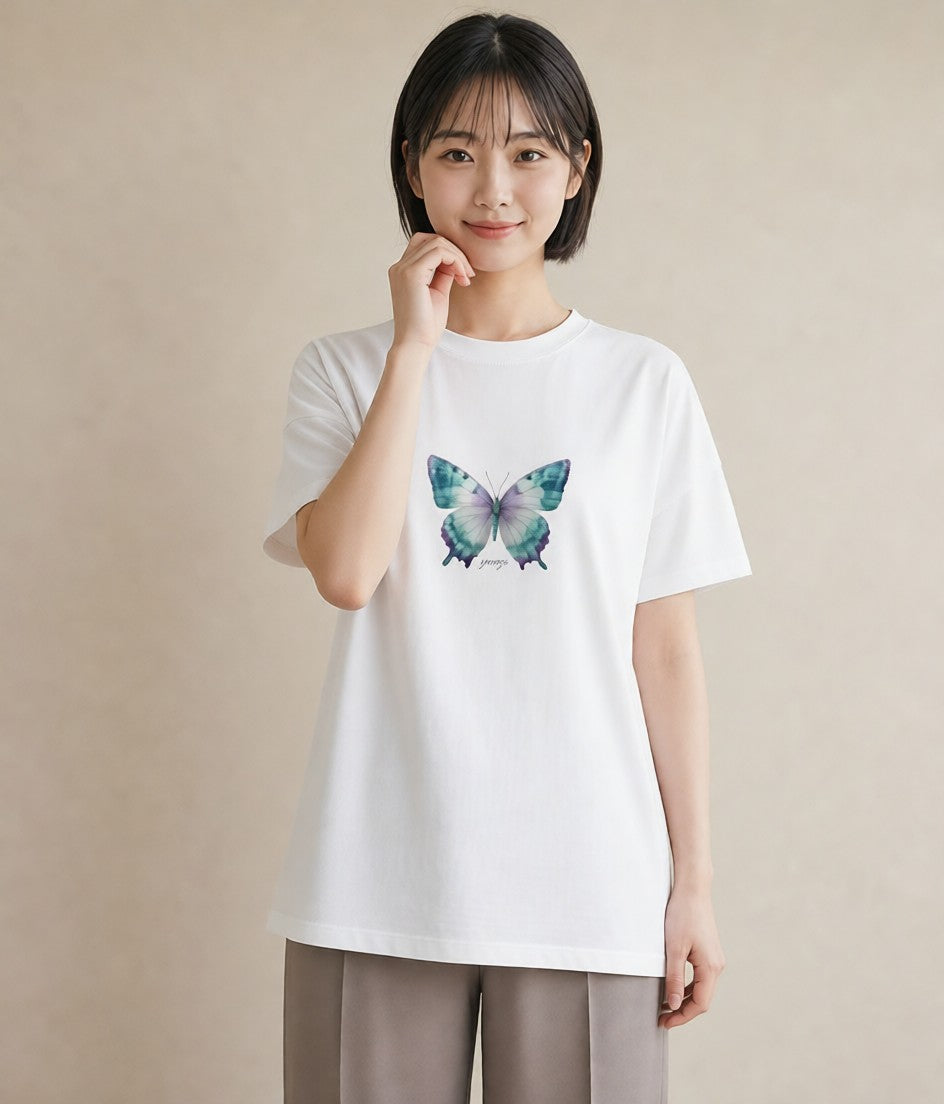 グラフィックTシャツ レディース ちょうちょ 蝶 バタフライ 昆虫 虫 イラスト 上品 部屋着 女性向けギフト 白T