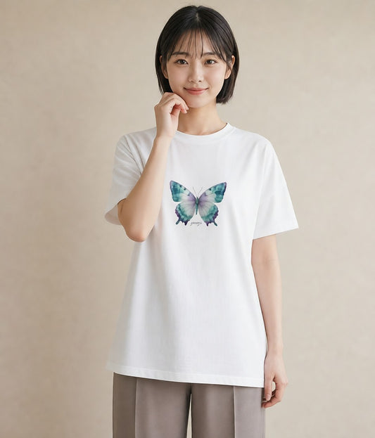 グラフィックTシャツ レディース ちょうちょ 蝶 バタフライ 昆虫 虫 イラスト 上品 部屋着 女性向けギフト 白T