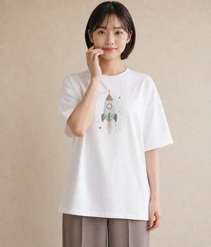デザインTシャツ レディース ロケット 星空 宇宙 イラスト こなれ感 クリスマス 旅行 白T