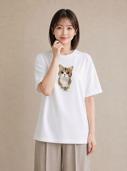 プリントTシャツ レディース 茶トラ 茶猫 猫 ねこ イラスト 旅行コーデ お出かけ 普段着 白T