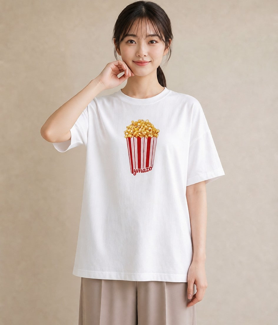 Tシャツ レディース ポップコーン 食べ物 フード イラスト 上品 春服 ミセス 白T