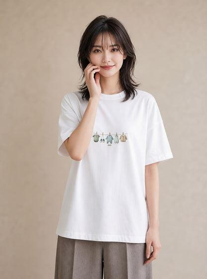 Tシャツ レディース 洗濯物 風 ナチュラル アンティーク イラスト 旅行用 海 白T