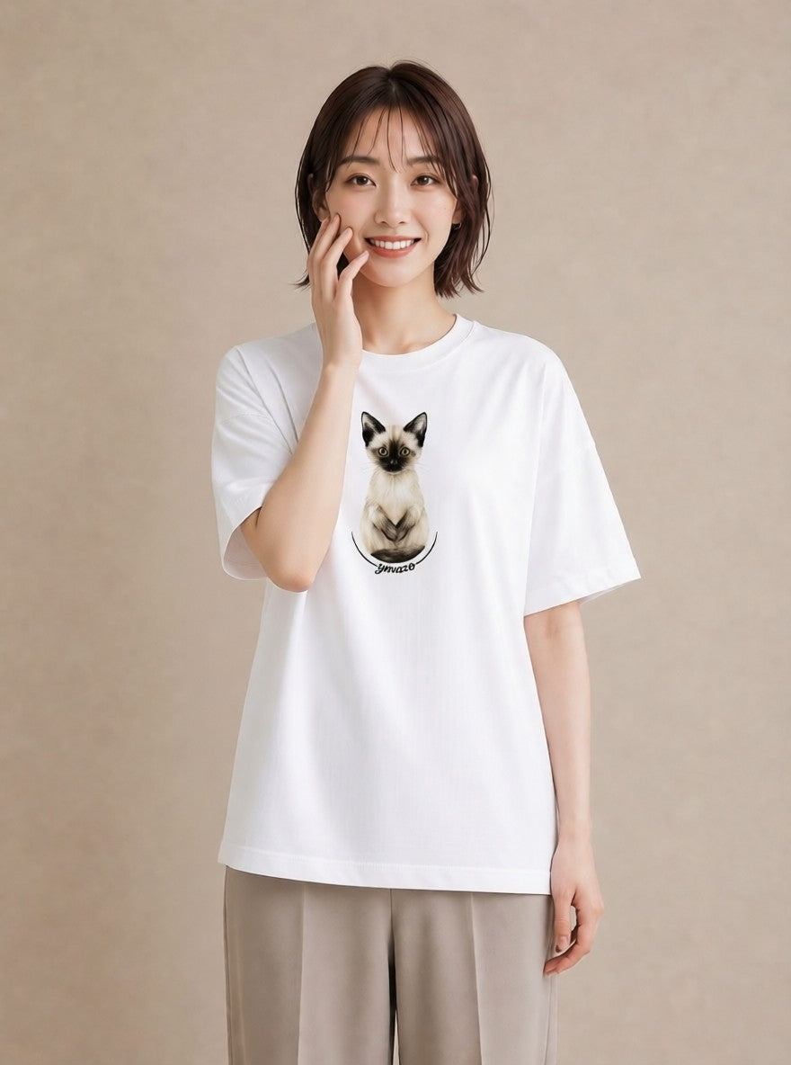 デザインTシャツ レディース おすわり猫 猫 ねこ イラスト 個性的 ラフ レイヤード 白T
