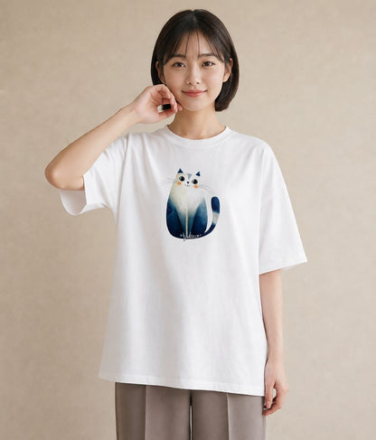 グラフィックTシャツ レディース ニャンコ 猫 ねこ イラスト ラフカジュアル デート 帰省 白T