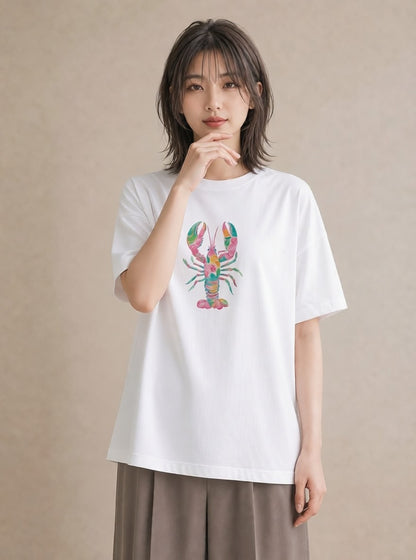 グラフィックTシャツ レディース エビ 海の生き物 海 イラスト カジュアル 通勤 在宅 白T