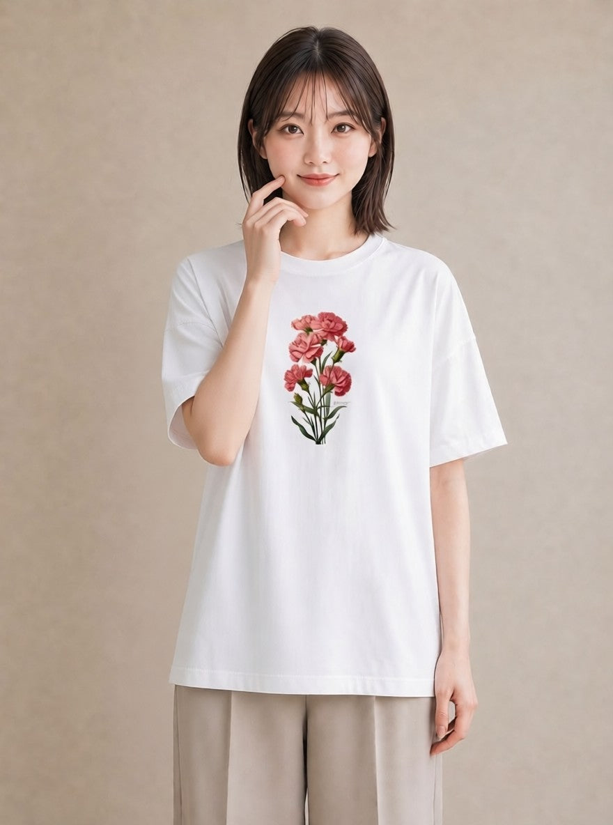デザインTシャツ レディース カーネーション 花 花柄 イラスト 休日コーデ 春服 ミセス 白T