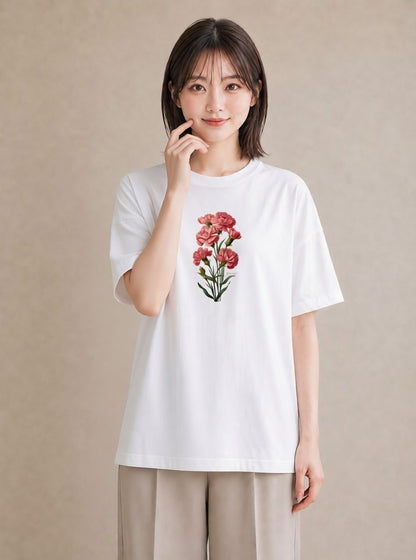 デザインTシャツ レディース カーネーション 花 花柄 イラスト 休日コーデ 春服 ミセス 白T