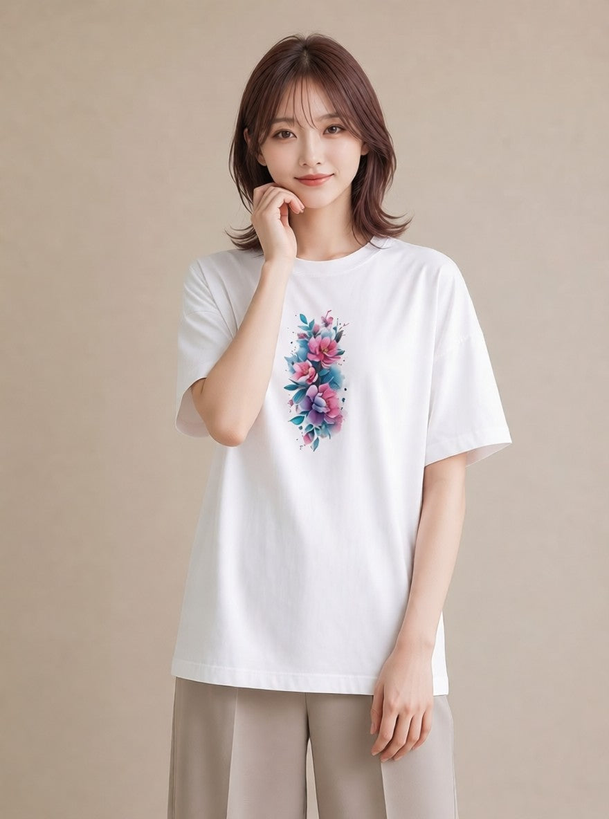グラフィックTシャツ レディース 牡丹 花 花柄 イラスト ボタニカル 買い物 夏コーデ 白T