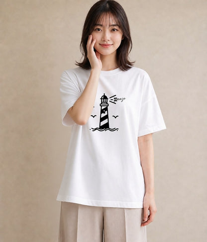 グラフィックTシャツ レディース 灯台 霧 海 ナチュラル アンティーク イラスト レイヤード 友達ギフト 白T