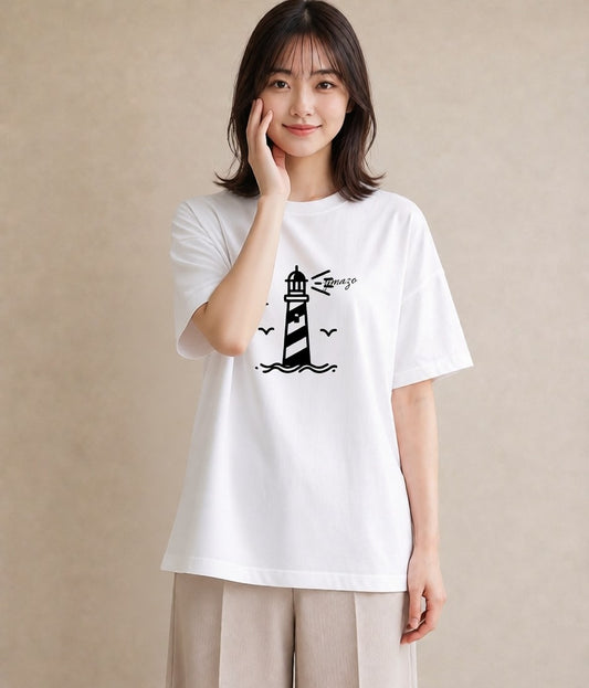 グラフィックTシャツ レディース 灯台 霧 海 ナチュラル アンティーク イラスト レイヤード 友達ギフト 白T