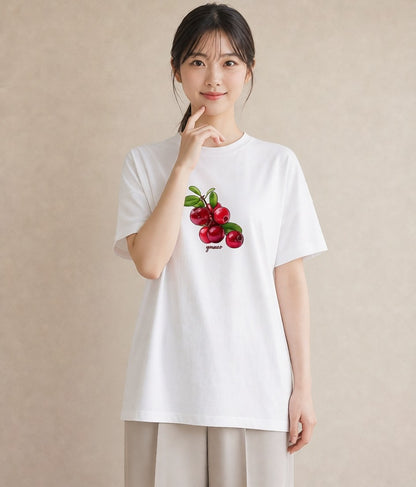 Tシャツ レディース さくらんぼ チェリー 食べ物 フード イラスト 抜け感 女性 旅行用 白T