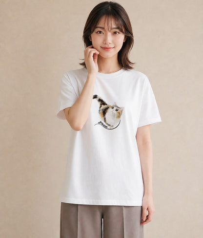 プリントTシャツ レディース シャム柄 猫 ねこ イラスト 淡色 カジュアルコーデ 買い物 白T