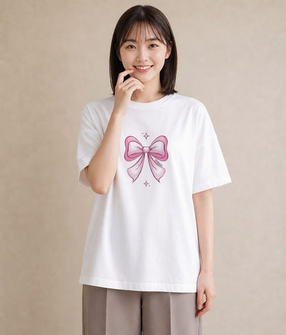 プリントTシャツ レディース リボン 蝶結び ナチュラル アンティーク イラスト ゆるかわ ホワイトデー 春服 白T