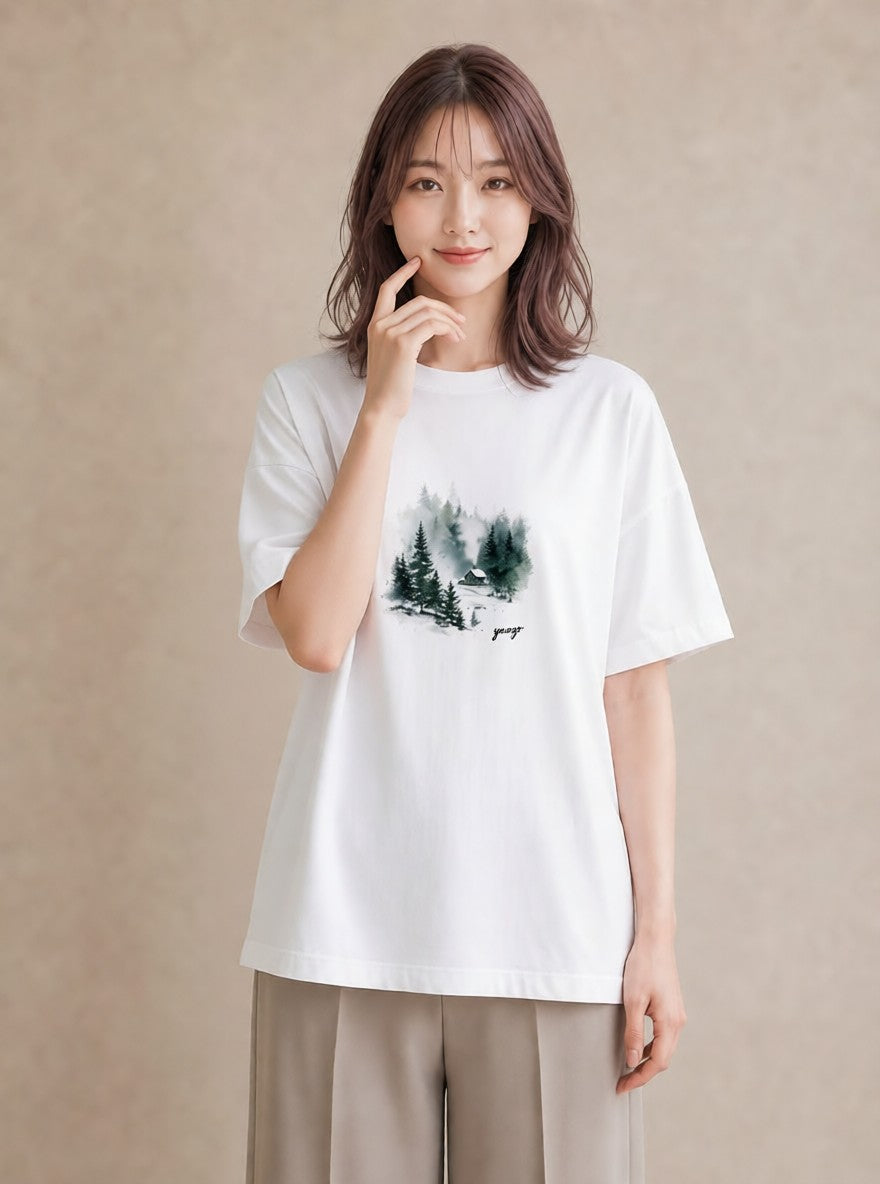 グラフィックTシャツ レディース 灯りの家 小屋 夜 ナチュラル アンティーク イラスト ラフ 送別ギフト 通勤 白T