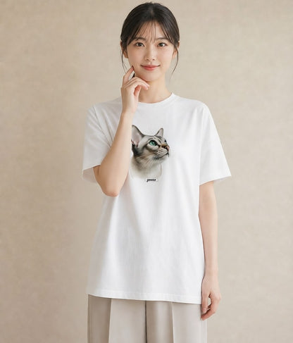 グラフィックTシャツ レディース ブリティッシュショートヘア 猫 ねこ イラスト フェミニン 海 カフェ巡り 白T