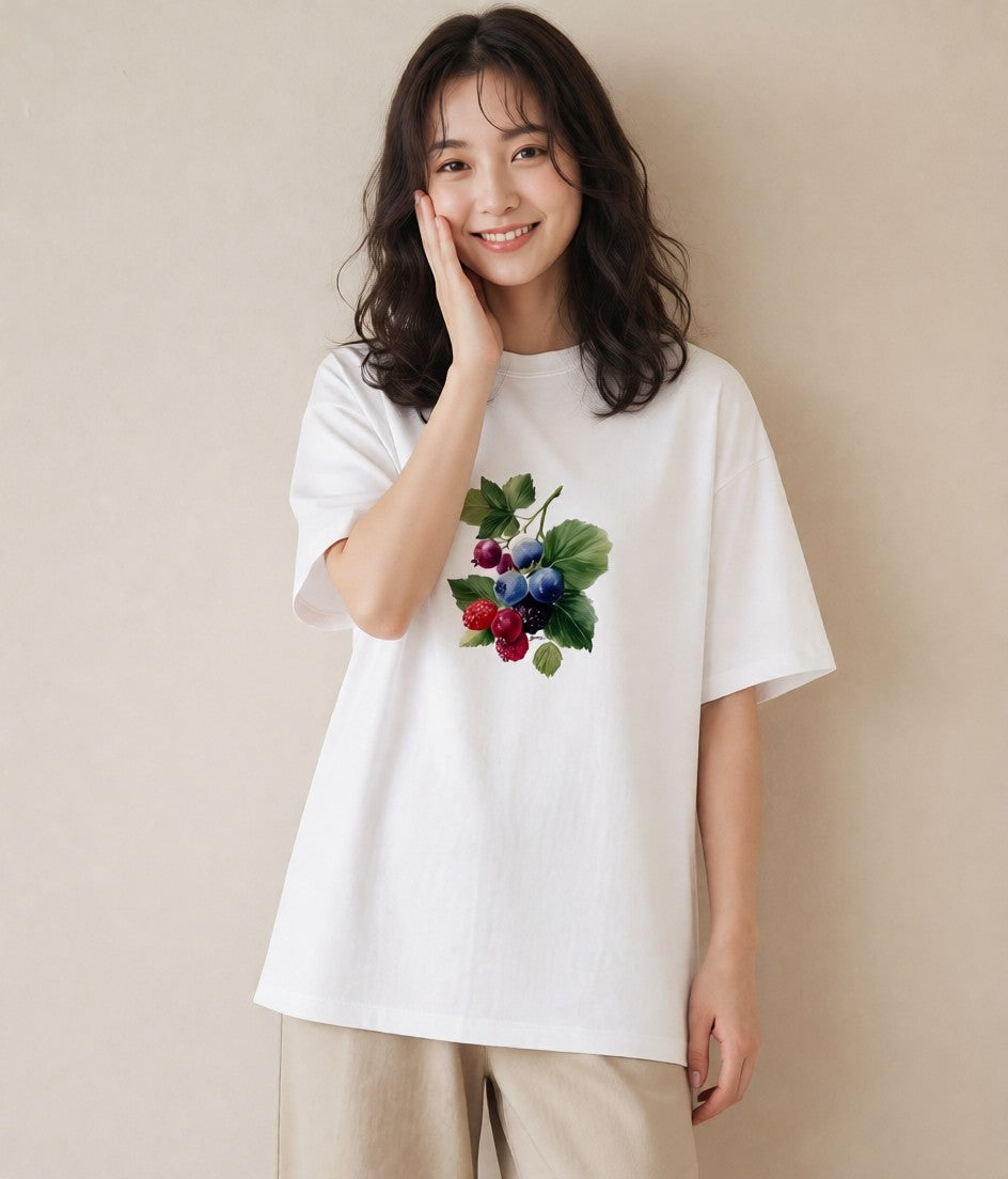 デザインTシャツ レディース ブルーベリー 食べ物 フード イラスト 手描き風 お揃い 親子 白T