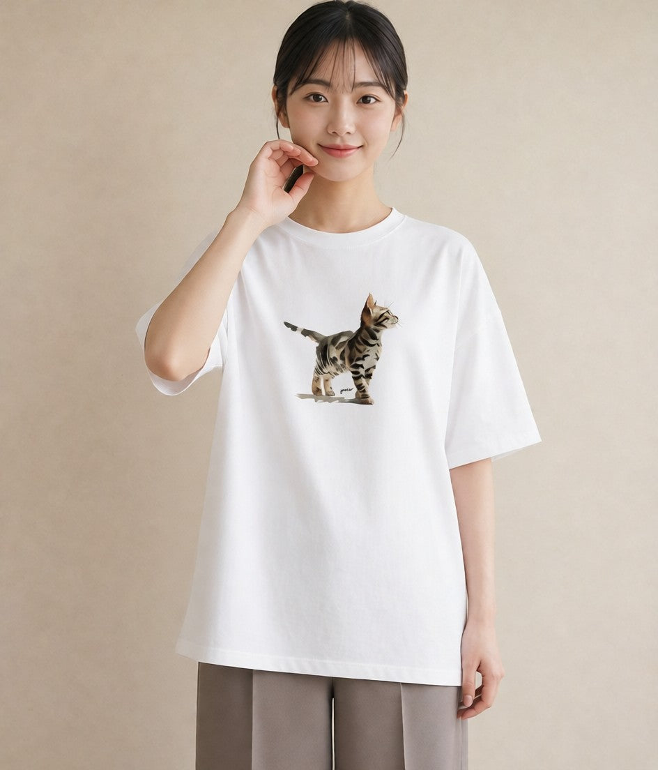 デザインTシャツ レディース 猫 ねこ イラスト アート風 海 カフェ巡り 白T