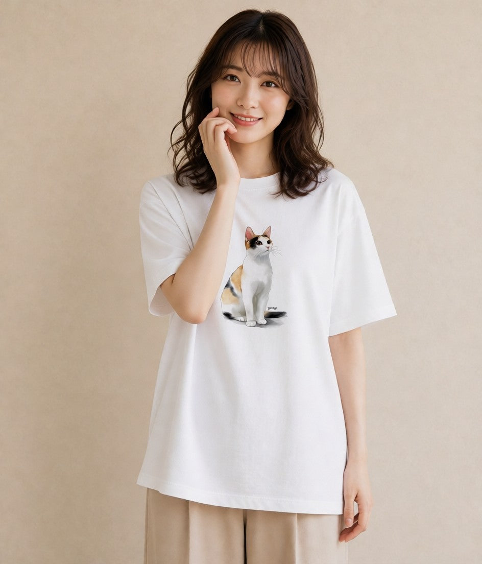 半袖Tシャツ レディース ベンガル 猫 ねこ イラスト ゆるかわ 買い物 夏コーデ 白T