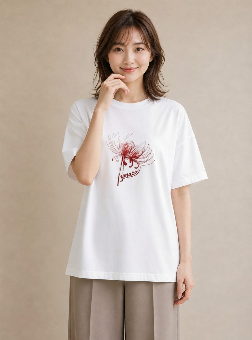 デザインTシャツ レディース 彼岸花 花 花柄 イラスト きれいめ 海 カフェ巡り 白T