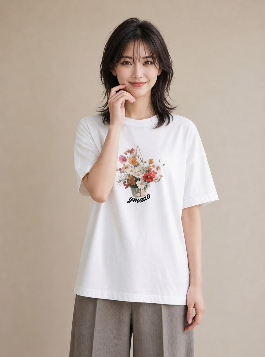 プリントTシャツ レディース 自転車のかご 自転車 花かご ナチュラル アンティーク イラスト 秋コーデ おしゃれギフト 白T