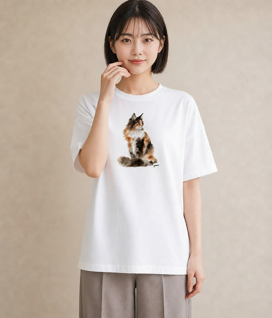 Tシャツ レディース ぶち猫 猫 ねこ イラスト 手描き風 普段着 週末コーデ 白T