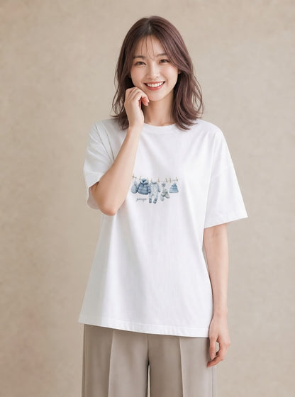 デザインTシャツ レディース 洗濯物 風 ナチュラル アンティーク イラスト きれいめカジュアル 友達ギフト 部屋着 白T