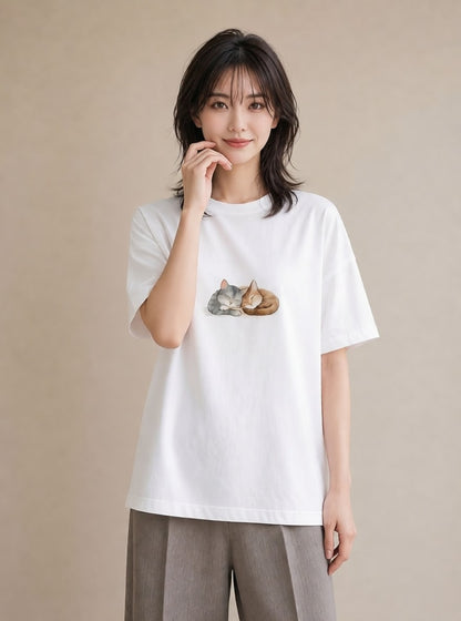 半袖Tシャツ レディース 肉球 猫 ねこ イラスト シンプル ママ カフェ服 白T