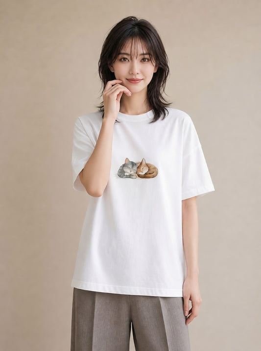 半袖Tシャツ レディース 肉球 猫 ねこ イラスト シンプル ママ カフェ服 白T