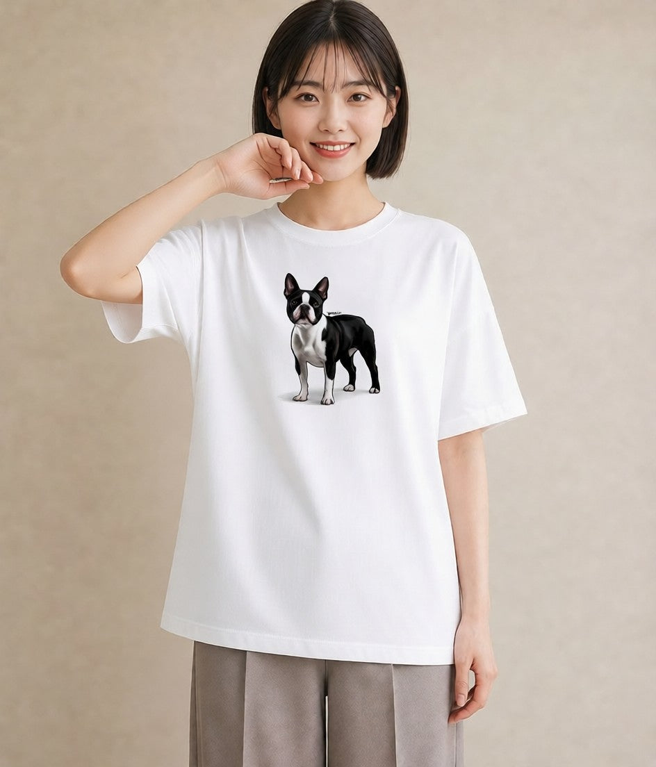 半袖Tシャツ レディース ボストンテリア 犬 いぬ イラスト フェミニン デート 帰省 白T
