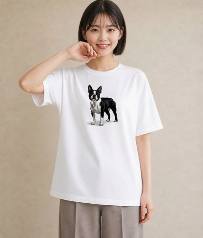 半袖Tシャツ レディース ボストンテリア 犬 いぬ イラスト フェミニン デート 帰省 白T