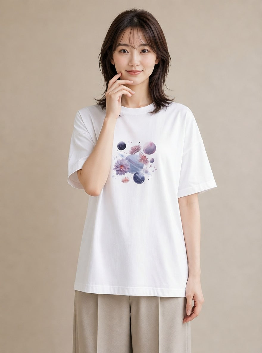 グラフィックTシャツ レディース 山羊座 星空 宇宙 イラスト こなれ感 20代 カジュアルコーデ 白T