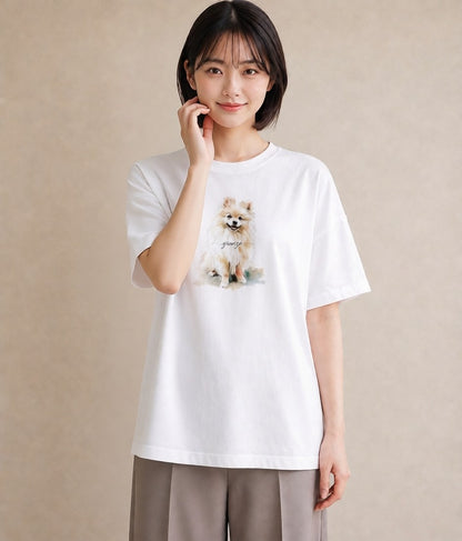 プリントTシャツ レディース ポメラニアン ポメ 犬 いぬ イラスト きれいめカジュアル 自分用 ルームウェア 白T