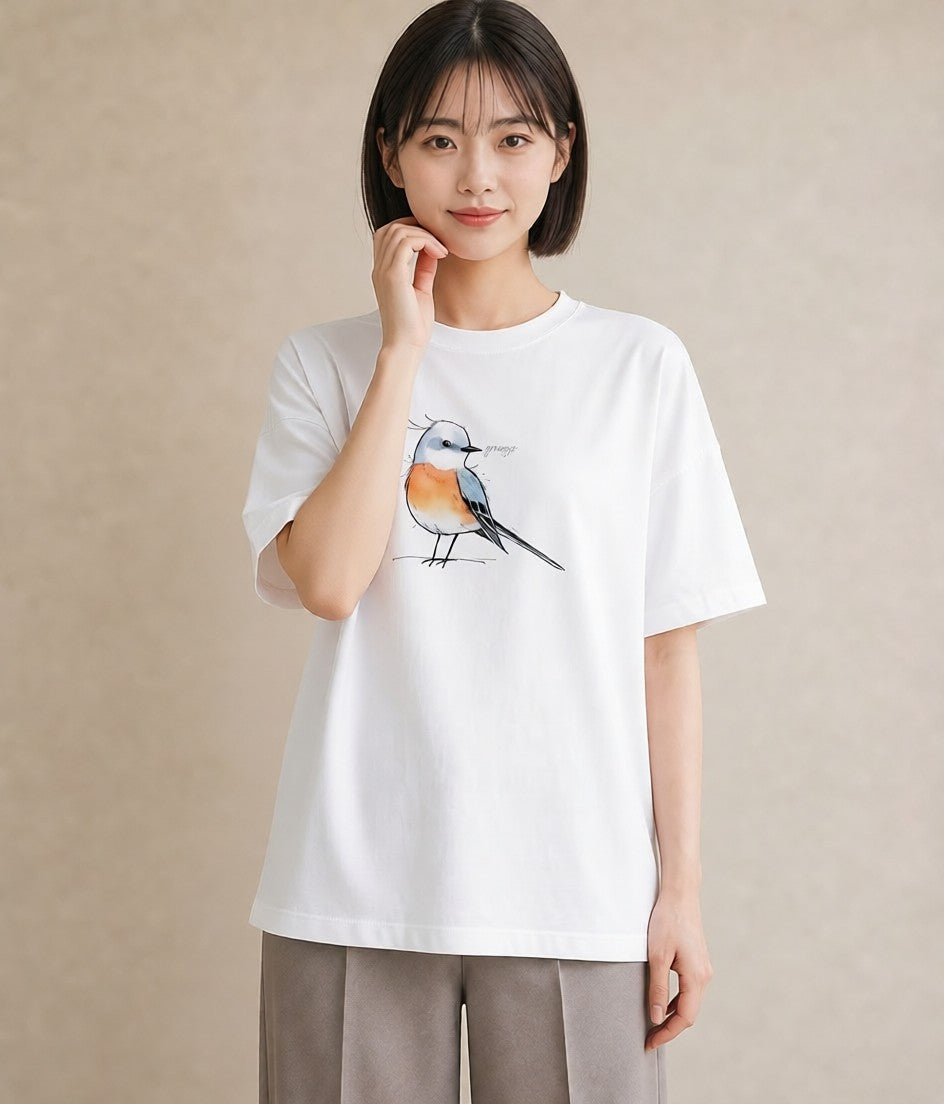 プリントTシャツ レディース 遠い家と鳥 風景 鳥 ナチュラル アンティーク イラスト 手描き風 お出かけ 普段着 白T